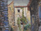an oil painting of a street with a building and a tree
