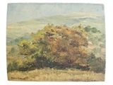 an oil painting of a tree in a field with hills in the background