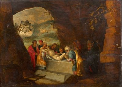une peinture à l'huile représentant un groupe de personnes dans une grotte, avec un homme allongé par terre