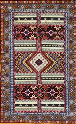 a multicolored rug with a geometric design on it
