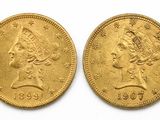 two gold coins, one of which has a head of a woman and the other of which is an eagle