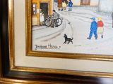 un tableau représentant des personnes et un chien dans la rue