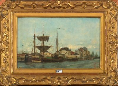 Huile sur toile marouflée sur carton "Bateaux à quai".