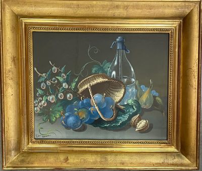 a painting of a basket of fruit and a bottle of wine
