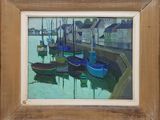 a painting of a harbor scene with boats in the water