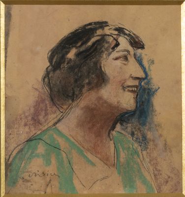painting of a woman in a green dress looking to the side
