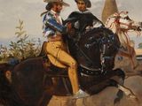 a painting of two men riding horses on a dirt road