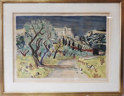 framed watercolor painting of a landscape with a church in the distance