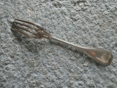 a silver spoon and fork laying on the ground