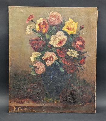 peinture d'un vase de fleurs sur une table sur fond noir