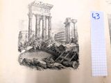 un livre ouvert sur lequel figure un dessin représentant des ruines