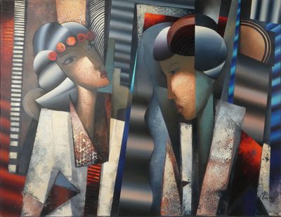 un tableau représentant un homme et une femme en costume