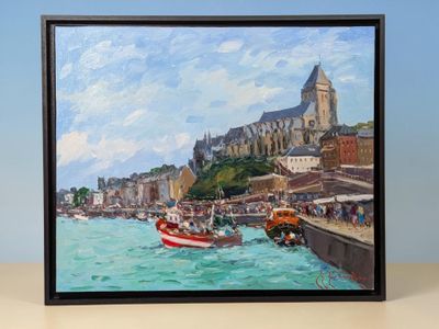 peinture représentant une peinture d'un bateau dans un port, avec un château en arrière-plan