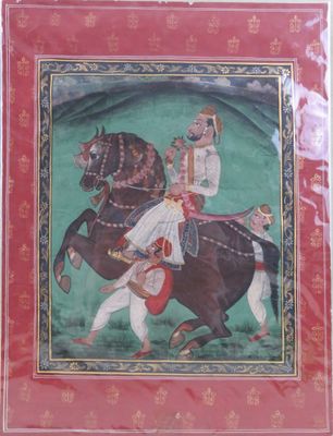 painting of a man riding a horse with a woman on the back
