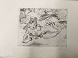 dessin au crayon représentant une femme nue allongée sur un lit, avec un homme en arrière-plan