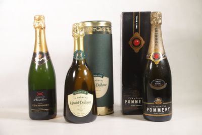 three bottles of champagne are lined up on a white surface