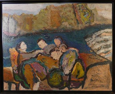 painting of a group of people sitting at a table by the water