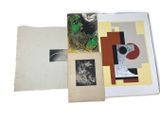 several pieces of art are displayed on a white surface