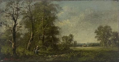 tableau représentant un paysage boisé avec un homme assis sur un banc