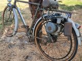 a old bike parked next to a tree in the yard