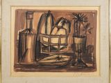une image représentant une nature morte peinte, composée de fruits et de légumes