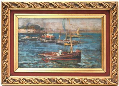 an oil painting of boats in a harbor with a gold frame