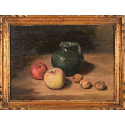 tableau représentant une nature morte composée de pommes, de noix et d'un vase vert
