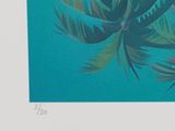 a painting of a bird sitting on a branch of a palm tree