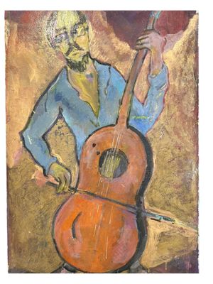 an oil painting of a man holding a guitar in his right hand