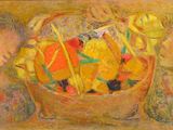 une peinture à l'huile représentant un panier de fruits posé sur une table