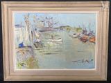 an oil painting of boats in a harbor on a sunny day