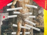a poster of a man with a bunch of knives on it
