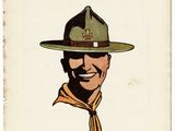 an old book with a drawing of a man wearing a scout hat