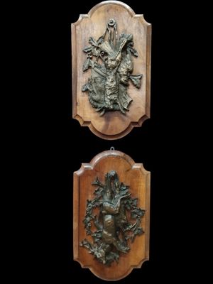 Deux trophées de chasse formant pendant en bronze sur pannea… - Photo 1