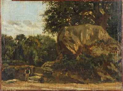 une peinture à l'huile représentant un homme et une femme marchant sur un chemin de terre