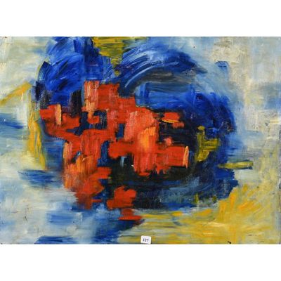 une peinture abstraite représentant des fleurs rouges sur un fond bleu et jaune