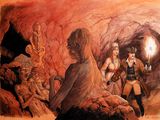 tableau représentant un groupe de personnes dans une grotte, parmi lesquelles un homme tenant une torche