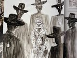 a drawing of a group of people with hats on