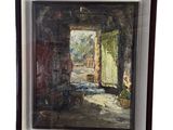 tableau à l'huile encadré représentant une porte ouverte dans un bâtiment en pierre