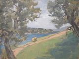 un tableau représentant un homme à cheval sur une colline