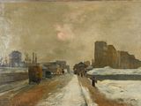 a painting of people walking down a snowy road