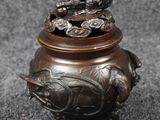 brûle-parfum chinois en bronze orné de deux oiseaux sur le dessus