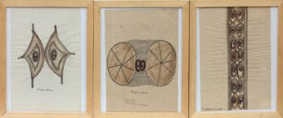three framed drawings of different shapes and sizes of objects in a wooden frame