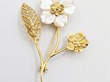 broche en or et blanche représentant une fleur et des feuilles sur fond blanc