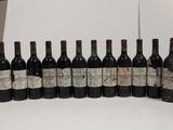 several bottles of wine are lined up in a row on a table