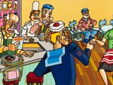 a cartoon picture of a group of people in a restaurant