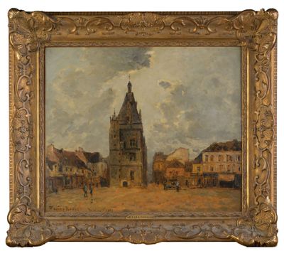 une vieille peinture représentant un bâtiment avec une tour horloge en son centre
