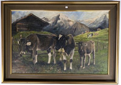 un tableau représentant des vaches dans un champ, avec une grange en arrière-plan