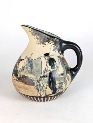 a vase with a painting of a man on a horse drawn carriage
