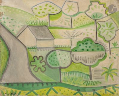 painting of a landscape with a road and a house in the distance